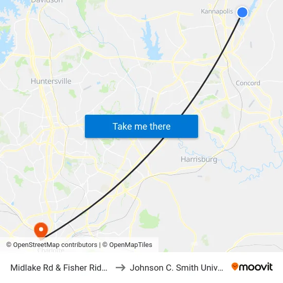 Midlake Rd & Fisher Ridge Rd to Johnson C. Smith University map