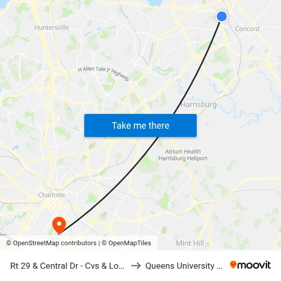 Rt 29 & Central Dr - Cvs & Lowes (Outbound) to Queens University of Charlotte map