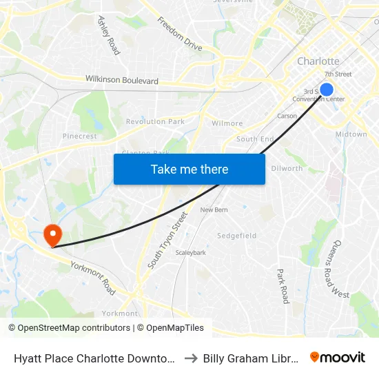 Hyatt Place Charlotte Downtown to Billy Graham Library map