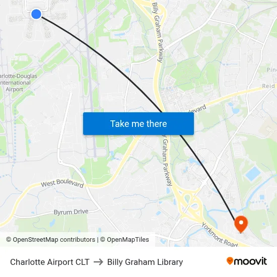 Charlotte Airport CLT to Billy Graham Library map