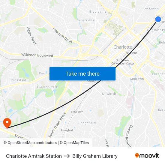 Charlotte Amtrak Station to Billy Graham Library map