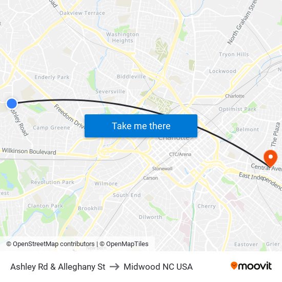 Ashley Rd & Alleghany St to Midwood NC USA map