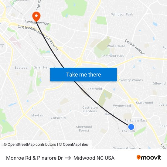 Monroe Rd & Pinafore Dr to Midwood NC USA map