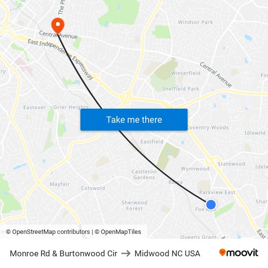 Monroe Rd & Burtonwood Cir to Midwood NC USA map