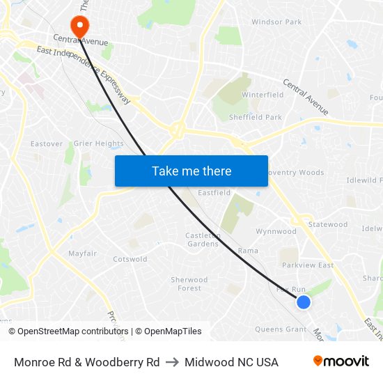 Monroe Rd & Woodberry Rd to Midwood NC USA map