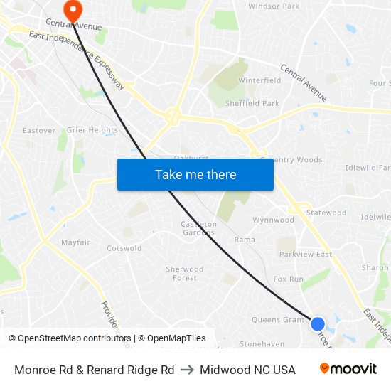 Monroe Rd & Renard Ridge Rd to Midwood NC USA map