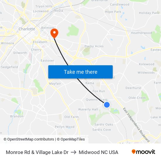 Monroe Rd & Village Lake Dr to Midwood NC USA map