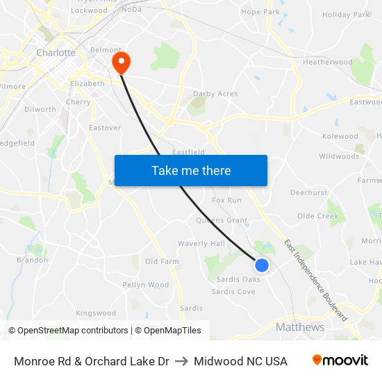 Monroe Rd & Orchard Lake Dr to Midwood NC USA map