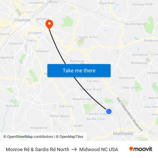 Monroe Rd & Sardis Rd North to Midwood NC USA map