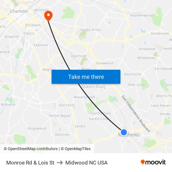 Monroe Rd & Lois St to Midwood NC USA map