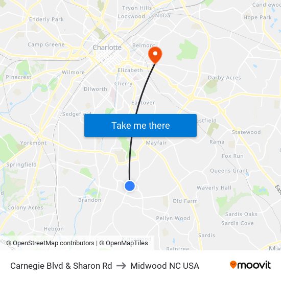 Carnegie Blvd & Sharon Rd to Midwood NC USA map