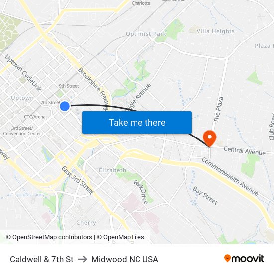 Caldwell & 7th St to Midwood NC USA map