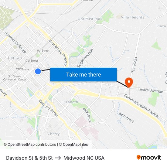 Davidson St & 5th St to Midwood NC USA map