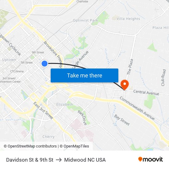 Davidson St & 9th St to Midwood NC USA map