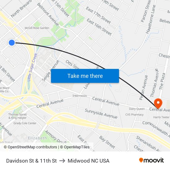 Davidson St & 11th St to Midwood NC USA map