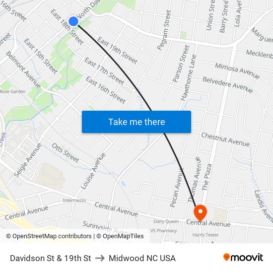 Davidson St & 19th St to Midwood NC USA map