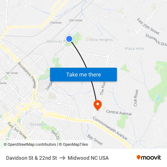 Davidson St & 22nd St to Midwood NC USA map
