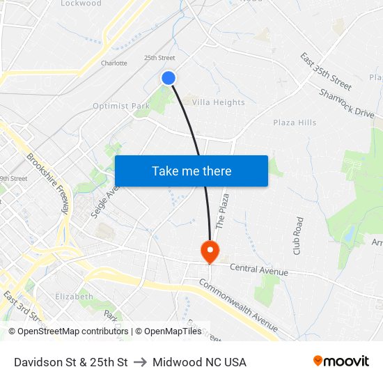 Davidson St & 25th St to Midwood NC USA map