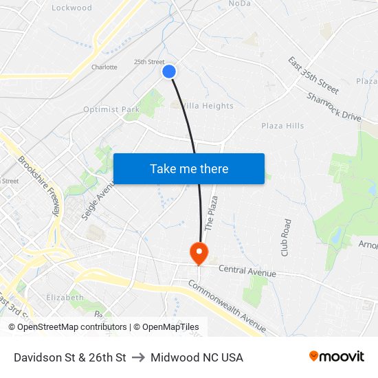 Davidson St & 26th St to Midwood NC USA map