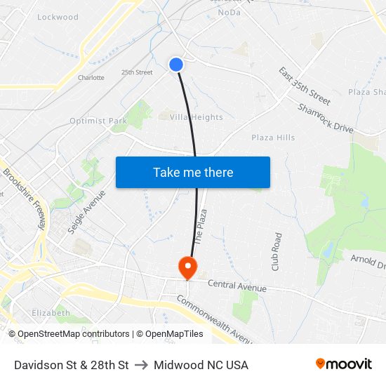 Davidson St & 28th St to Midwood NC USA map