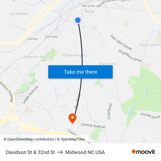 Davidson St & 32nd St to Midwood NC USA map