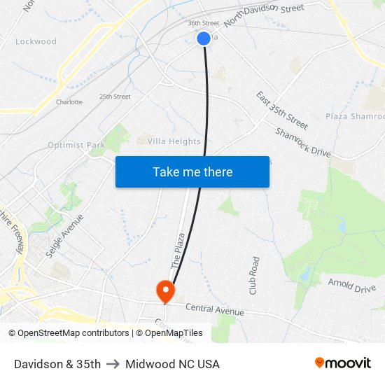 Davidson & 35th to Midwood NC USA map