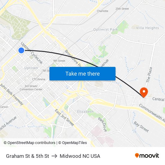 Graham St & 5th St to Midwood NC USA map