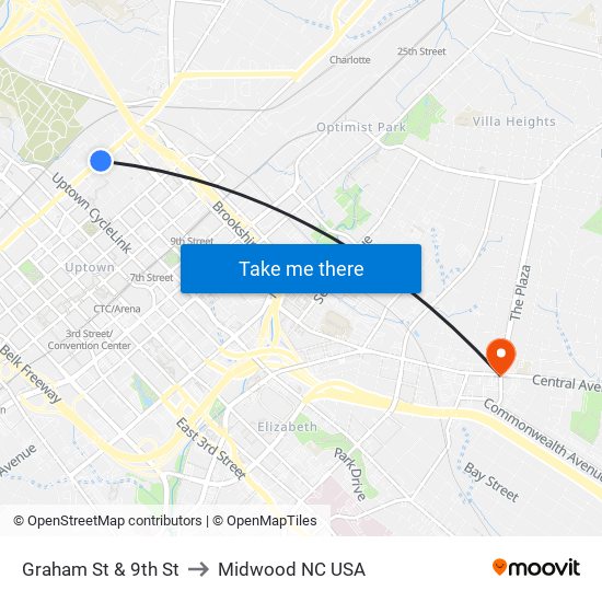 Graham St & 9th St to Midwood NC USA map