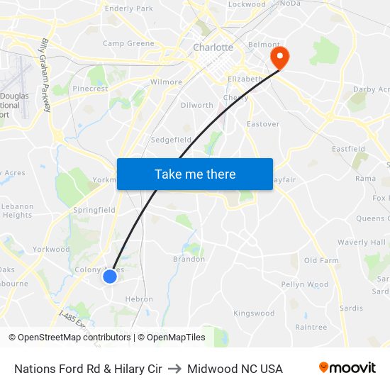 Nations Ford Rd & Hilary Cir to Midwood NC USA map