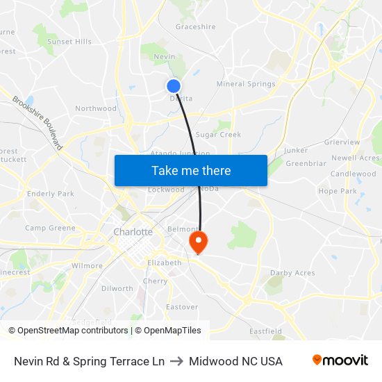 Nevin Rd & Spring Terrace Ln to Midwood NC USA map