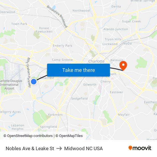 Nobles Ave & Leake St to Midwood NC USA map