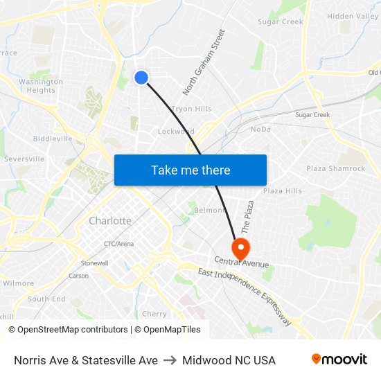 Norris Ave & Statesville Ave to Midwood NC USA map