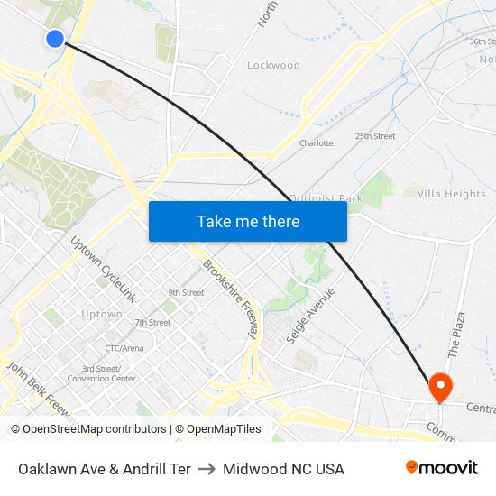 Oaklawn Ave & Andrill Ter to Midwood NC USA map