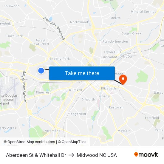 Aberdeen St & Whitehall Dr to Midwood NC USA map