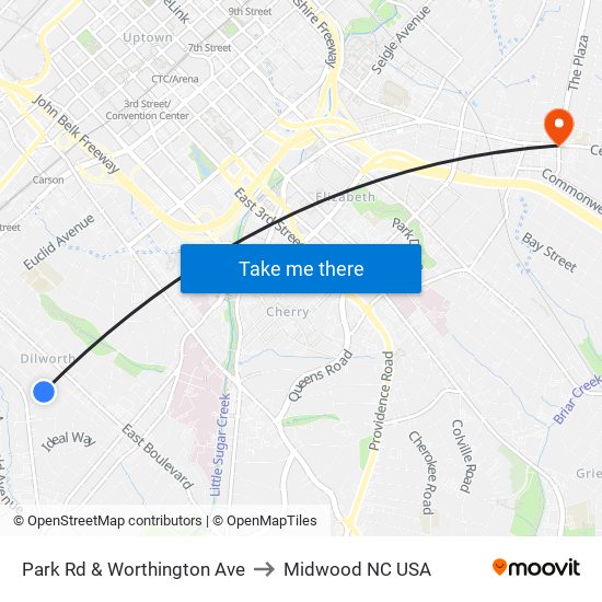 Park Rd & Worthington Ave to Midwood NC USA map