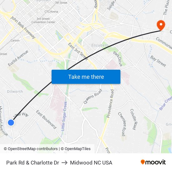 Park Rd & Charlotte Dr to Midwood NC USA map