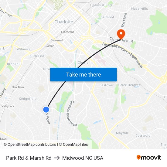 Park Rd & Marsh Rd to Midwood NC USA map