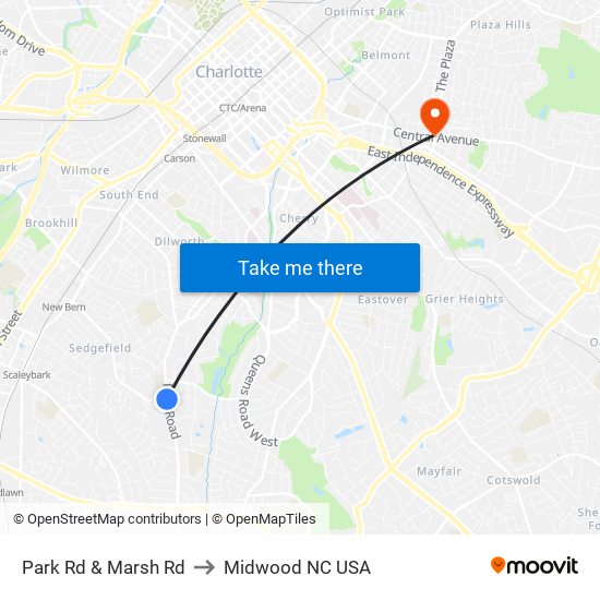 Park Rd & Marsh Rd to Midwood NC USA map