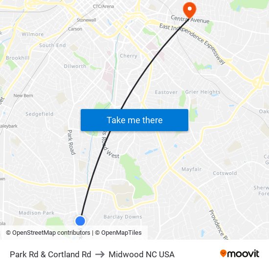 Park Rd & Cortland Rd to Midwood NC USA map