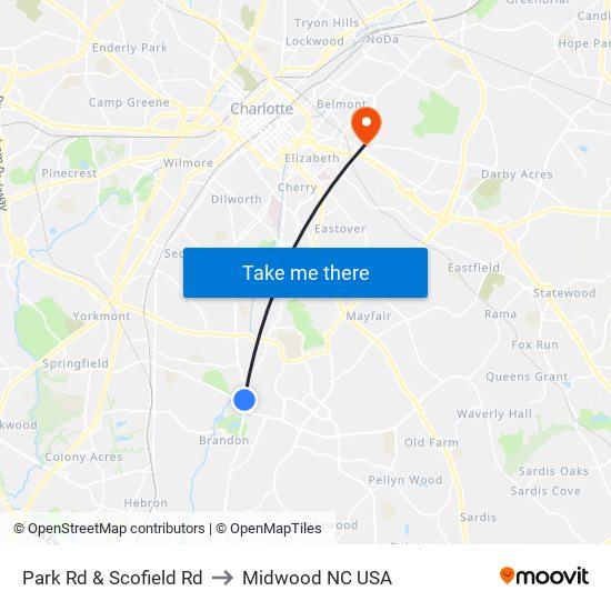 Park Rd & Scofield Rd to Midwood NC USA map