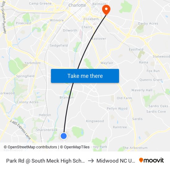 Park Rd @ South Meck High School to Midwood NC USA map