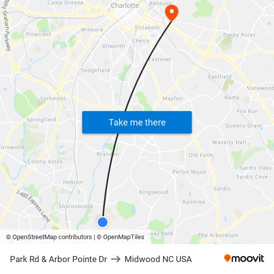 Park Rd & Arbor Pointe Dr to Midwood NC USA map