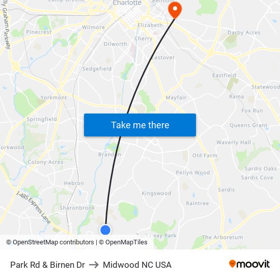 Park Rd & Birnen Dr to Midwood NC USA map