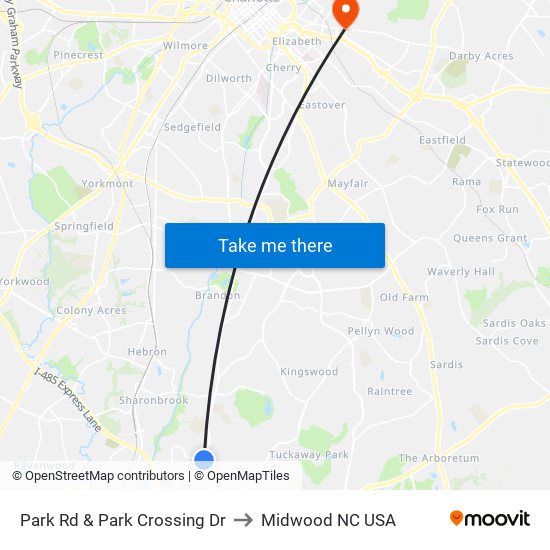 Park Rd & Park Crossing Dr to Midwood NC USA map