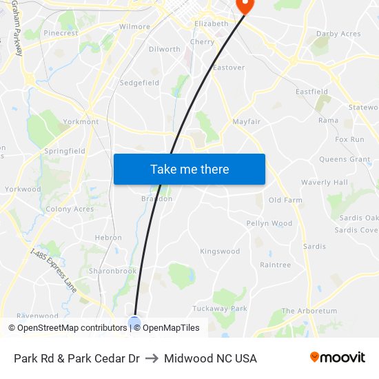 Park Rd & Park Cedar Dr to Midwood NC USA map