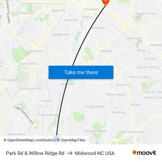 Park Rd & Willow Ridge Rd to Midwood NC USA map