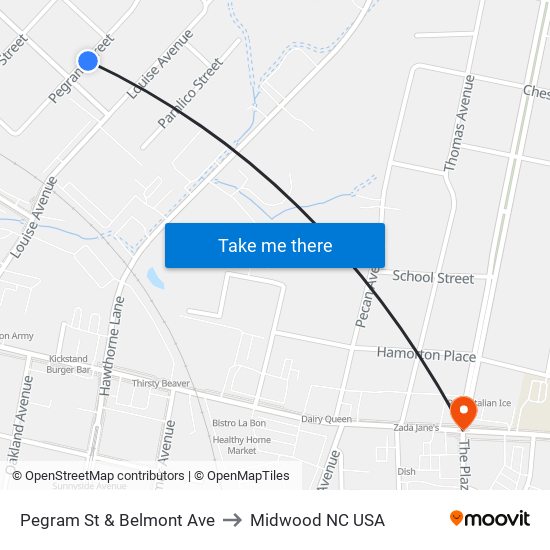 Pegram St & Belmont Ave to Midwood NC USA map