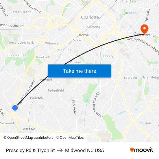 Pressley Rd & Tryon St to Midwood NC USA map