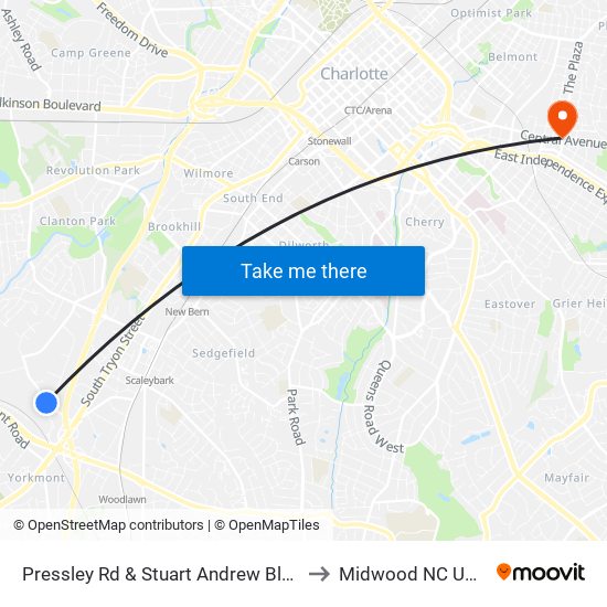 Pressley Rd & Stuart Andrew Blvd to Midwood NC USA map