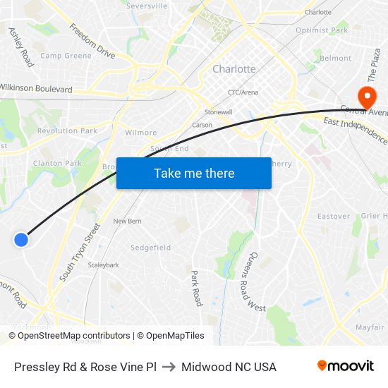 Pressley Rd & Rose Vine Pl to Midwood NC USA map